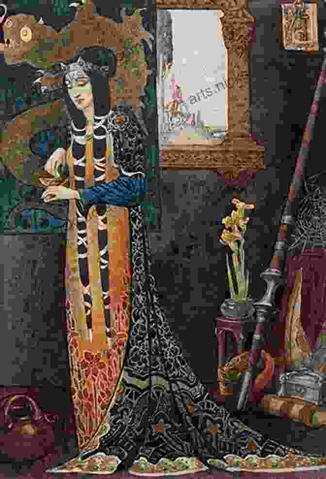 Young Morgan Le Fay, A Beautiful And Enigmatic Figure From The Arthurian Legends, Sits On A Throne, Surrounded By Magical Symbols And Artifacts. Young Morgan La Fey Enchantress Of Camelot